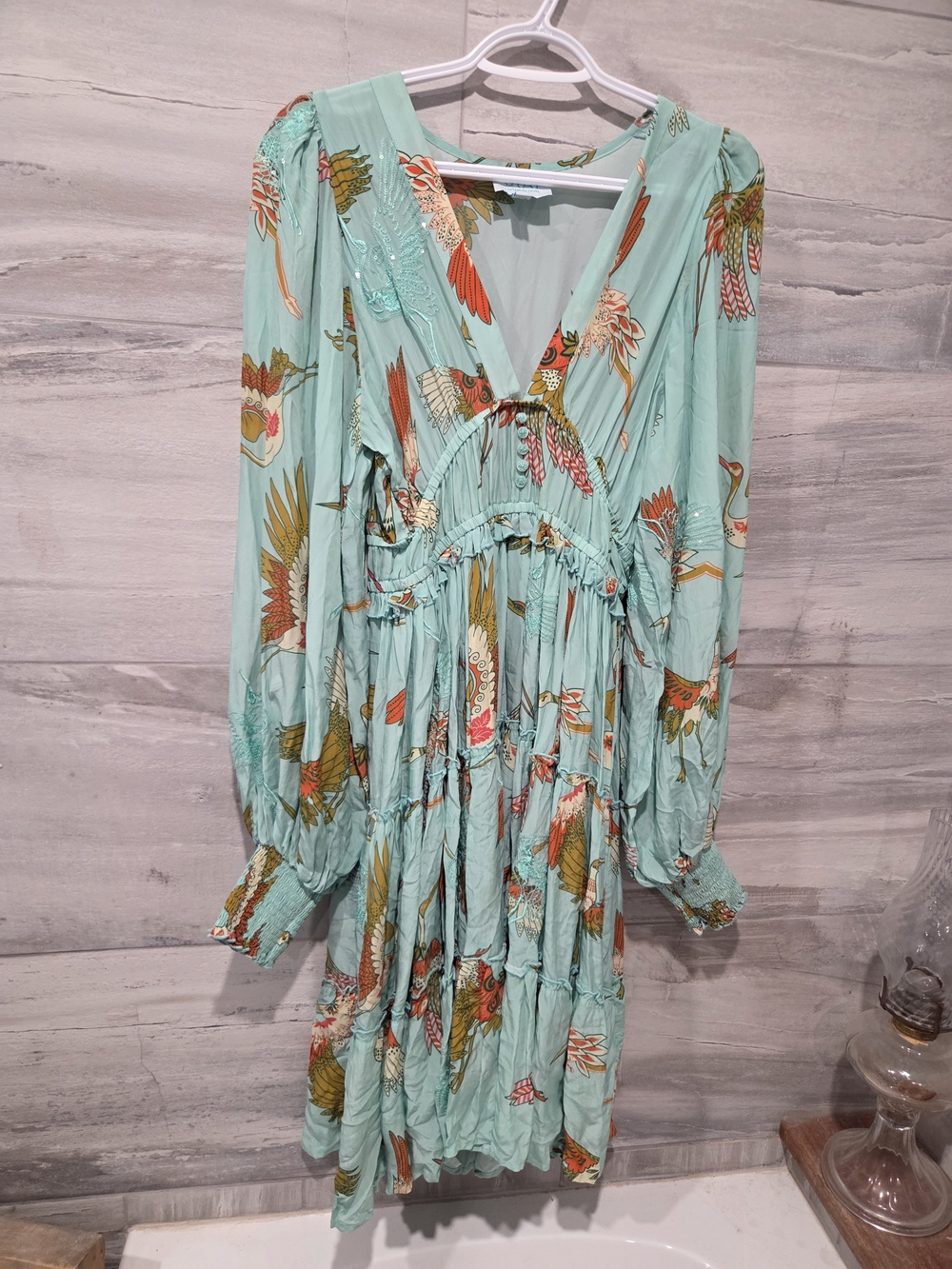 TAJ by Sabrina Crippa Embroidered Crane Maxi Dress L